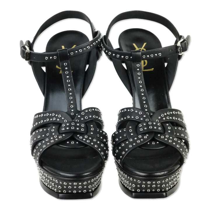 Saint Laurent Tribute Mini Grommet/Studded Black Leather Platform Heels