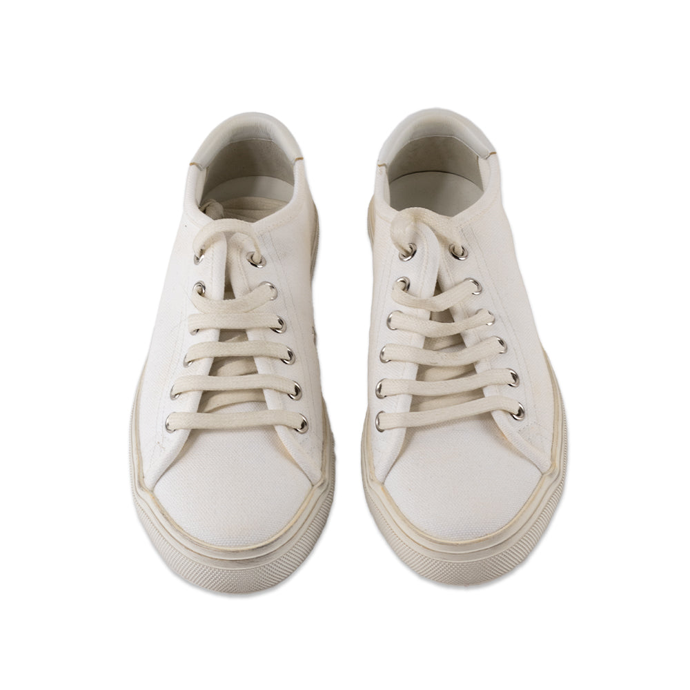 Saint Laurent White Canvas Logo Low Top Sneakers