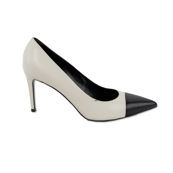 Saint Laurent White Leather Pointed Toe Pumps with Black Toe Cap