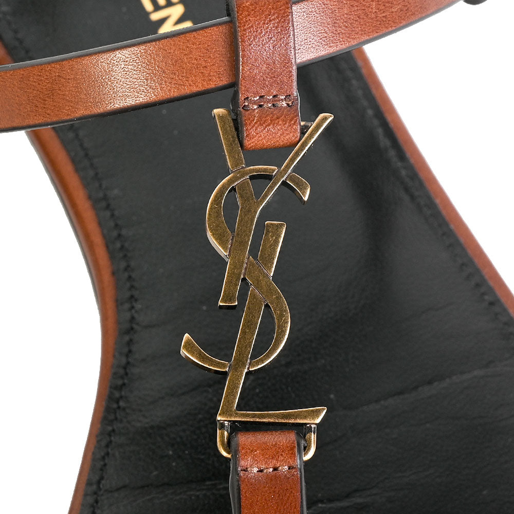 Saint Laurent YSL Cassandra Brown Leather T Strap Sandals