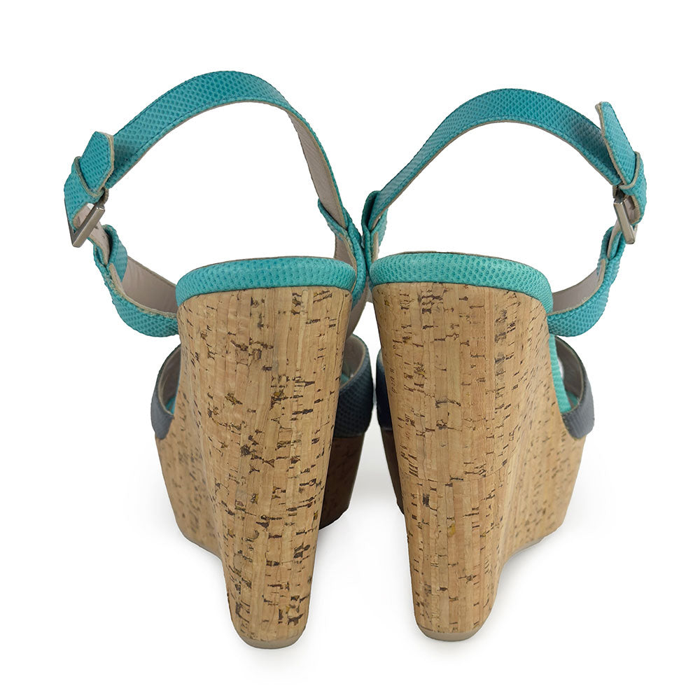 Salvatore Ferragamo Blue Embossed Cork Wedge Sandals