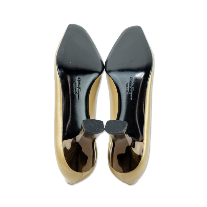 Salvatore Ferragamo Gold Leather Almond Toe Pumps