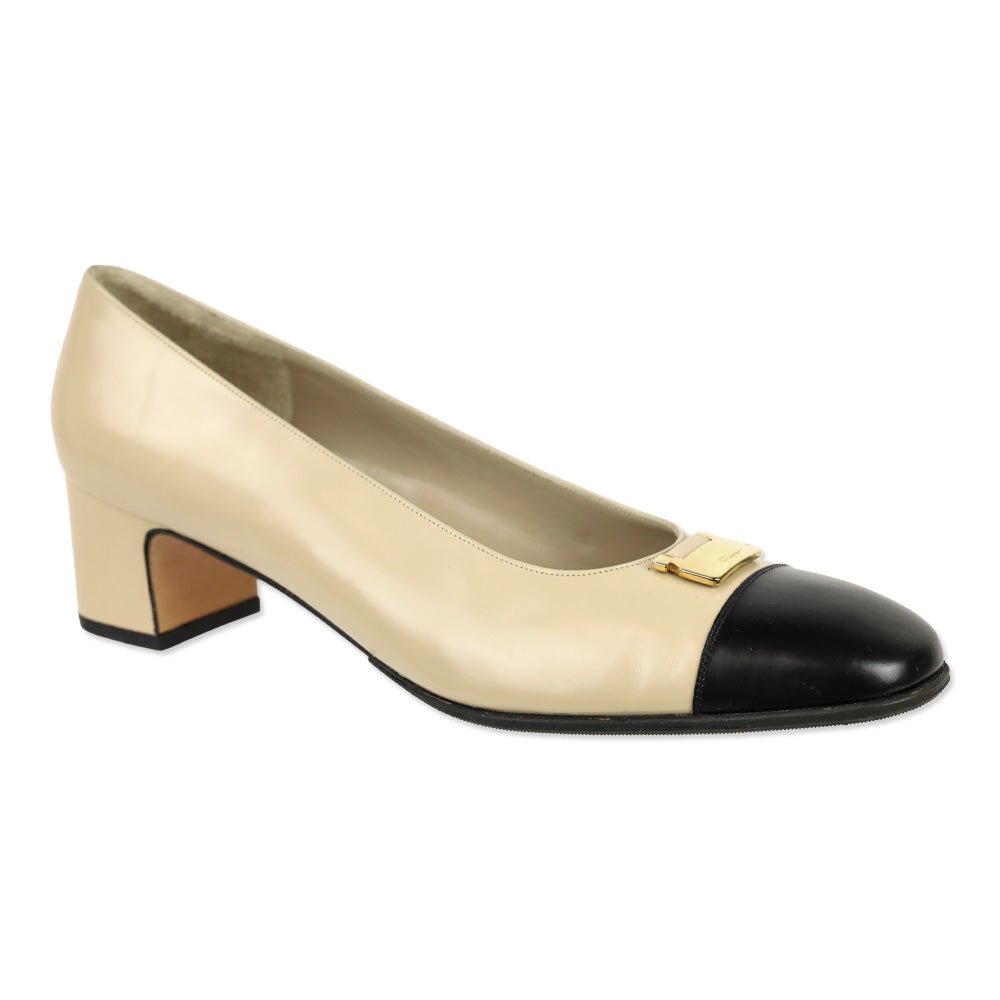 Salvatore Ferragamo Beige Leather Black Cap Toe Gold Accent Pumps