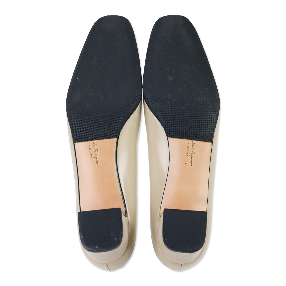 Salvatore Ferragamo Beige Leather Black Cap Toe Gold Accent Pumps