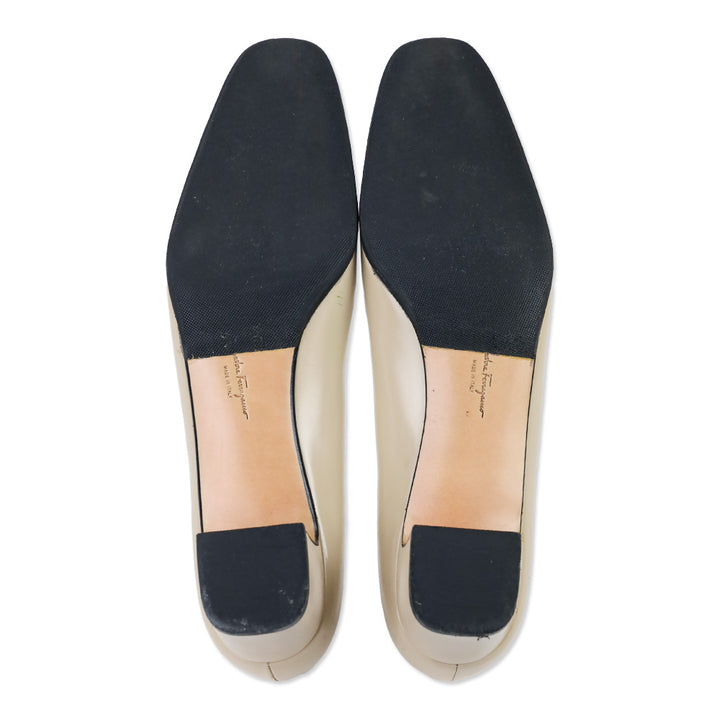 Salvatore Ferragamo Beige Leather Black Cap Toe Gold Accent Pumps