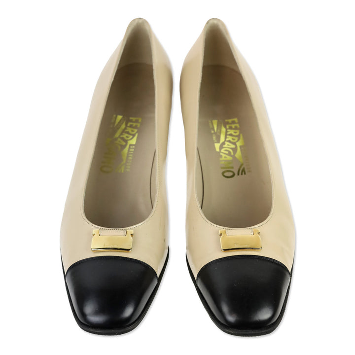 Salvatore Ferragamo Beige Leather Black Cap Toe Gold Accent Pumps