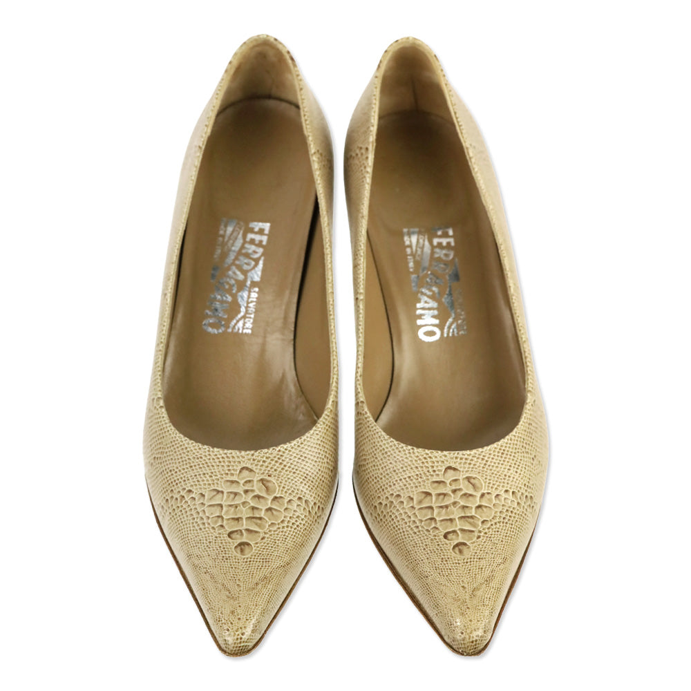 Salvatore Ferragamo Beige Snakeskin Pointed Pump