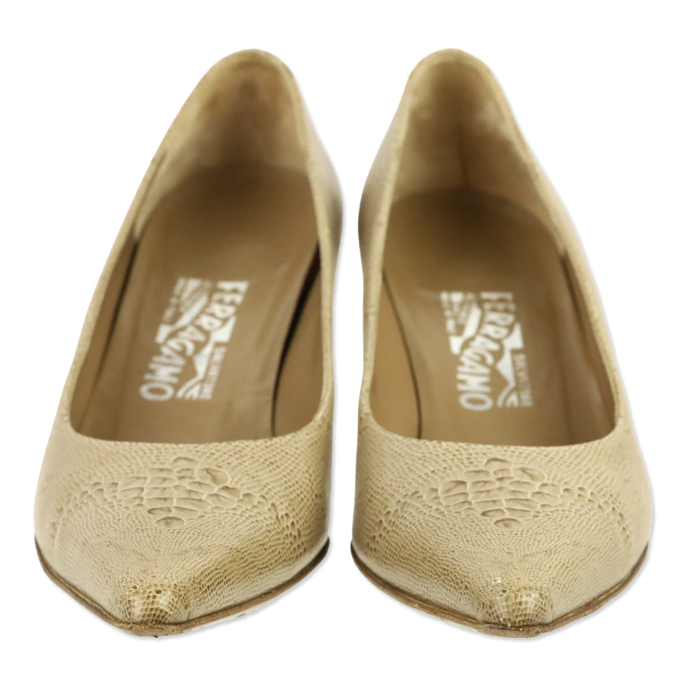 Salvatore Ferragamo Beige Snakeskin Pointed Pump