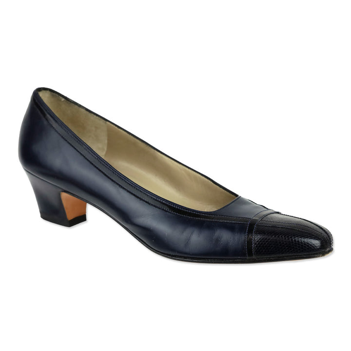 Salvatore Ferragamo Black Calf/Lizard Block Kitten Pump