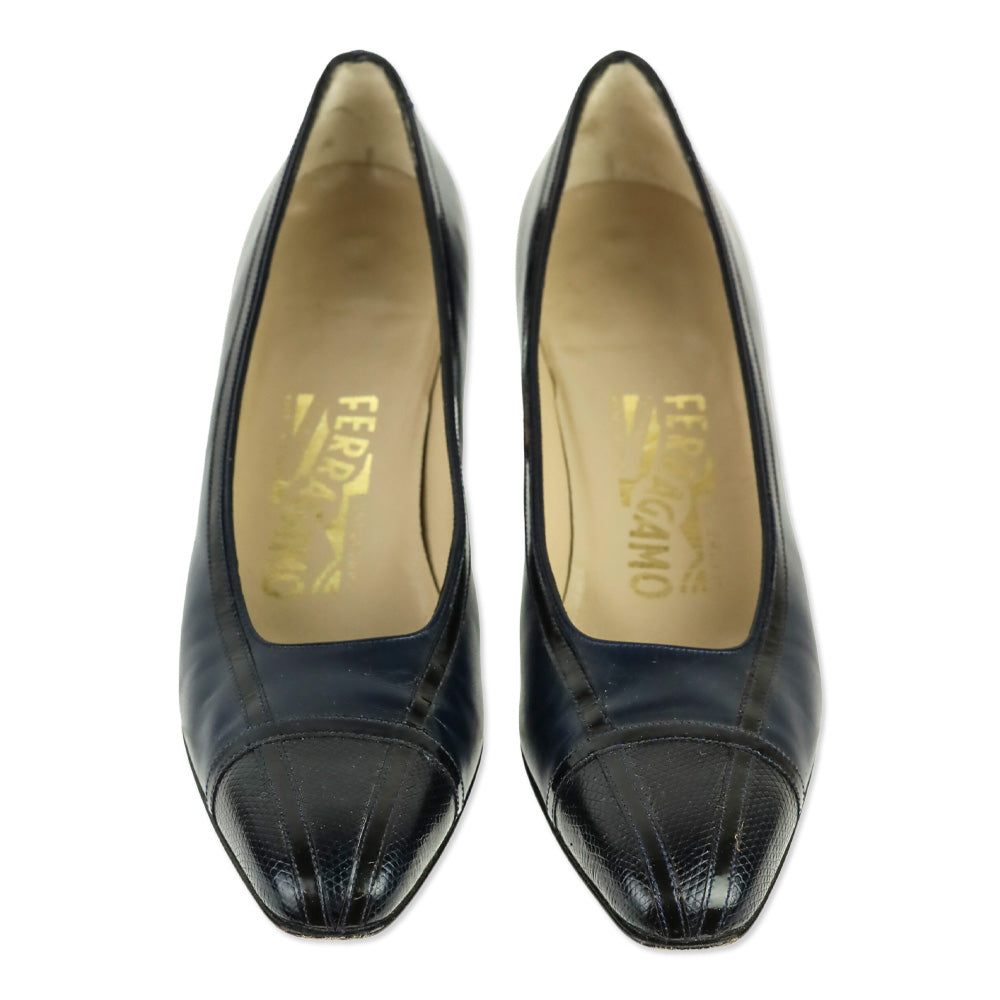 Salvatore Ferragamo Black Calf/Lizard Block Kitten Pump