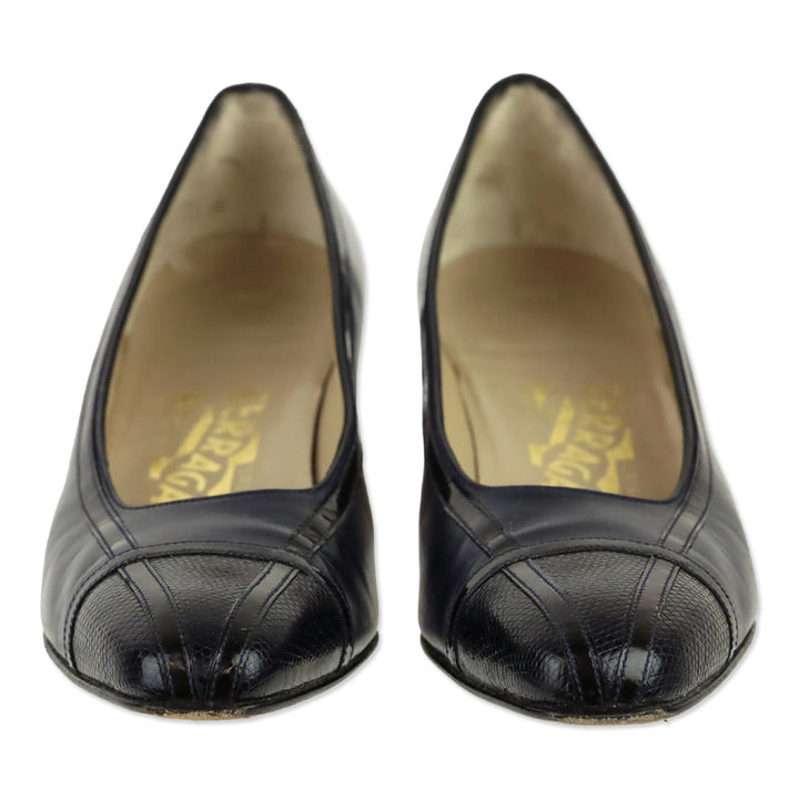 Salvatore Ferragamo Black Calf/Lizard Block Kitten Pump