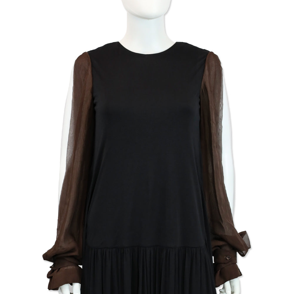 Salvatore Ferragamo Black Crepe & Brown Chiffon-Paneled Midi Dress