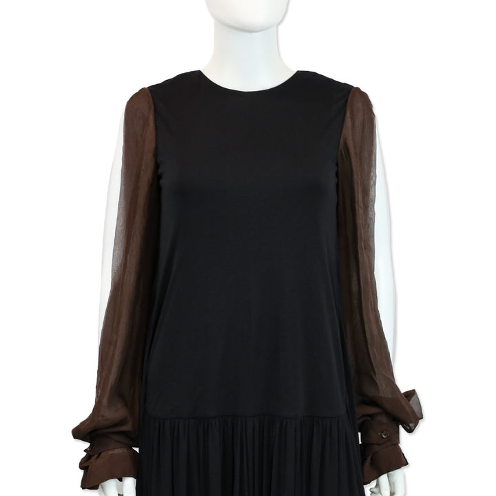 Salvatore Ferragamo Black Crepe & Brown Chiffon-Paneled Midi Dress