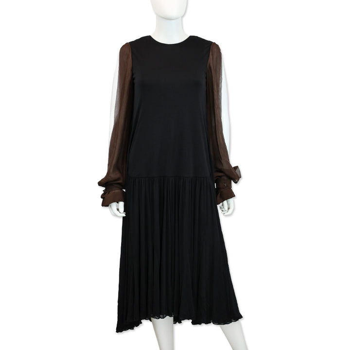 Salvatore Ferragamo Black Crepe & Brown Chiffon-Paneled Midi Dress