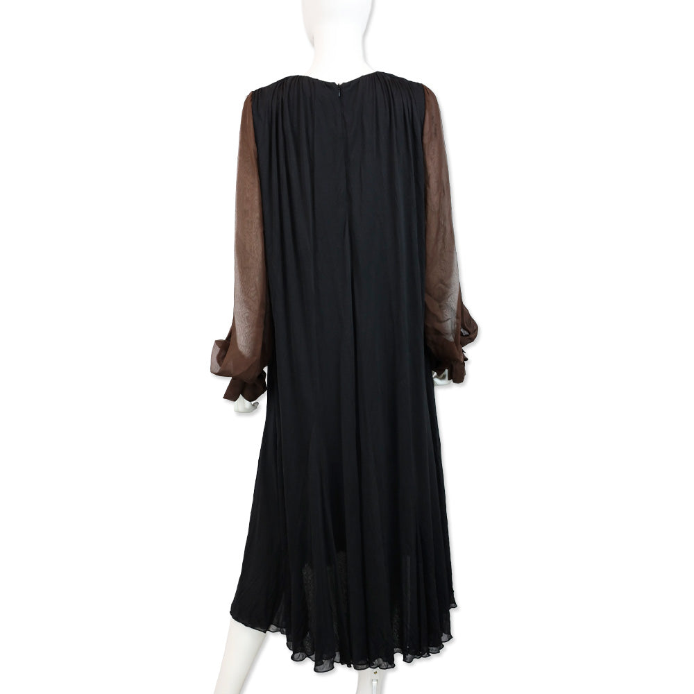 Salvatore Ferragamo Black Crepe & Brown Chiffon-Paneled Midi Dress