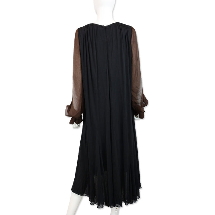 Salvatore Ferragamo Black Crepe & Brown Chiffon-Paneled Midi Dress