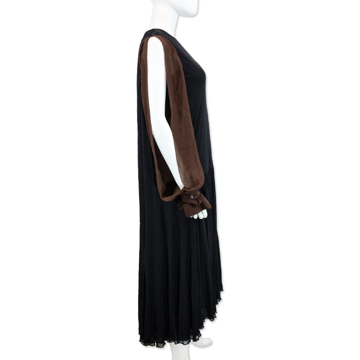 Salvatore Ferragamo Black Crepe & Brown Chiffon-Paneled Midi Dress