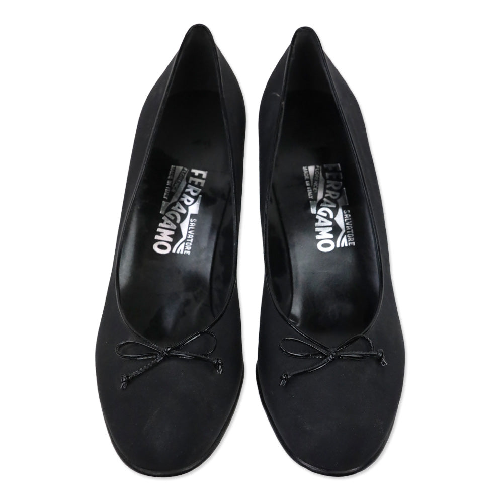 Salvatore Ferragamo Black Fabric Ballet Bow Patent Leather Pumps