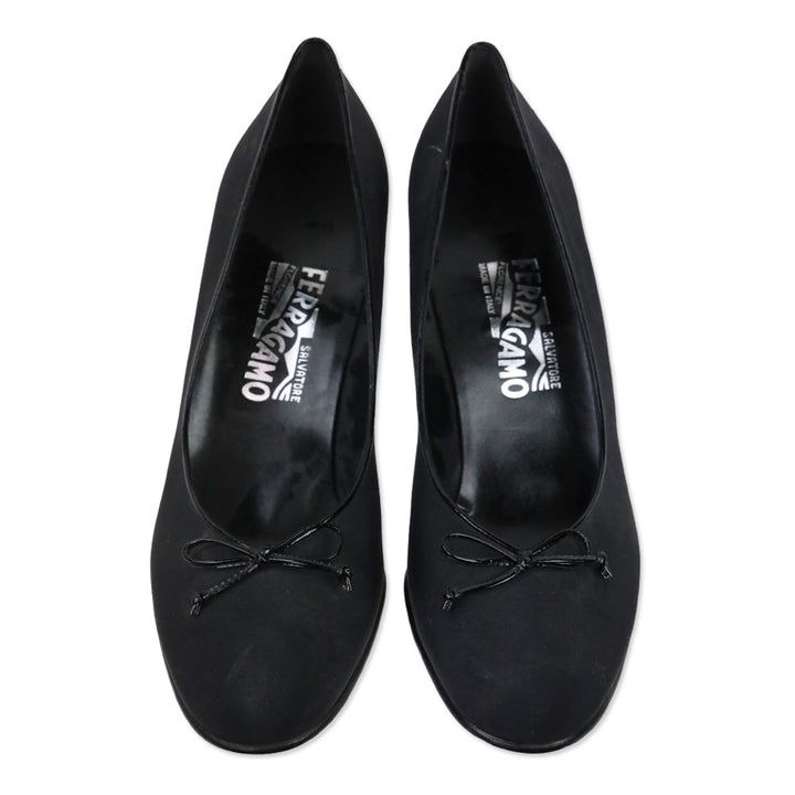 Salvatore Ferragamo Black Fabric Ballet Bow Patent Leather Pumps