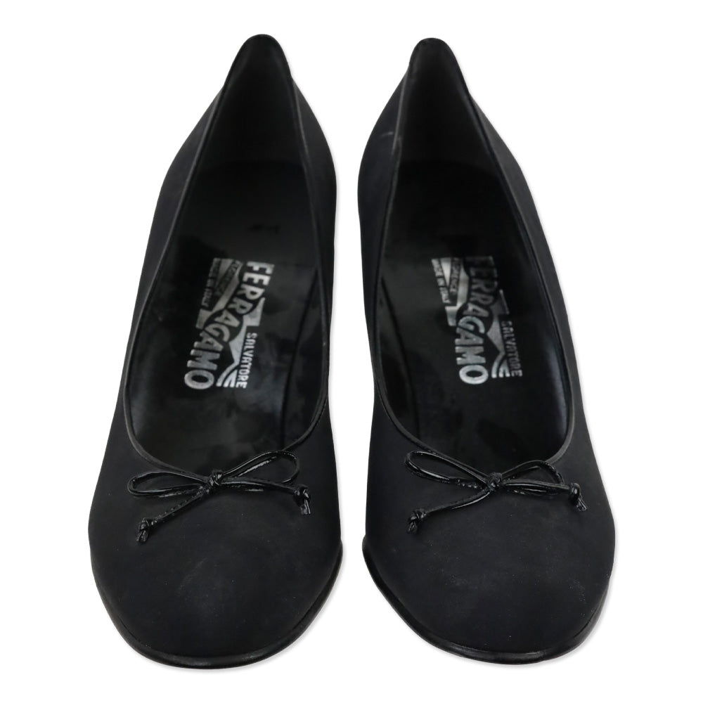 Salvatore Ferragamo Black Fabric Ballet Bow Patent Leather Pumps