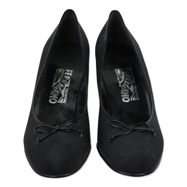 Salvatore Ferragamo Black Fabric Ballet Bow Patent Leather Pumps