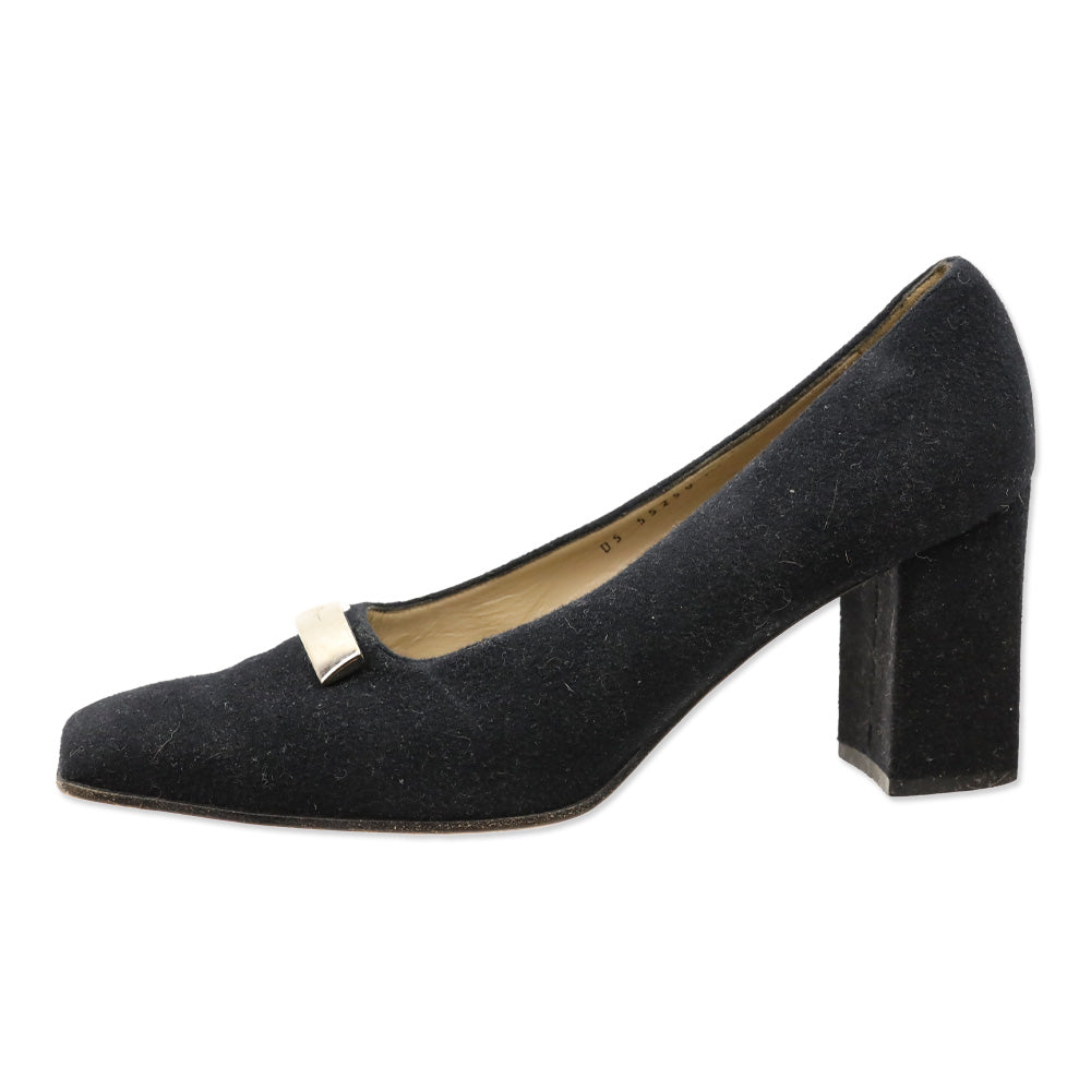 Salvatore Ferragamo Black Felt Silver Bar Accents Pumps