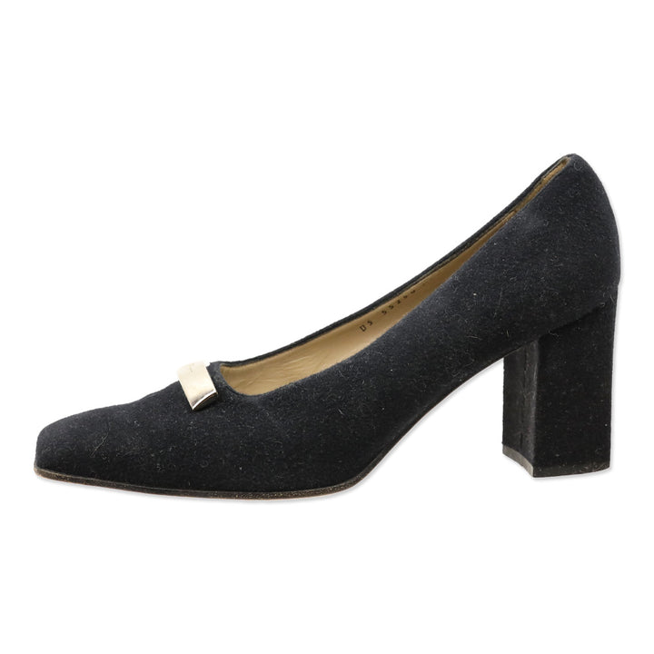 Salvatore Ferragamo Black Felt Silver Bar Accents Pumps