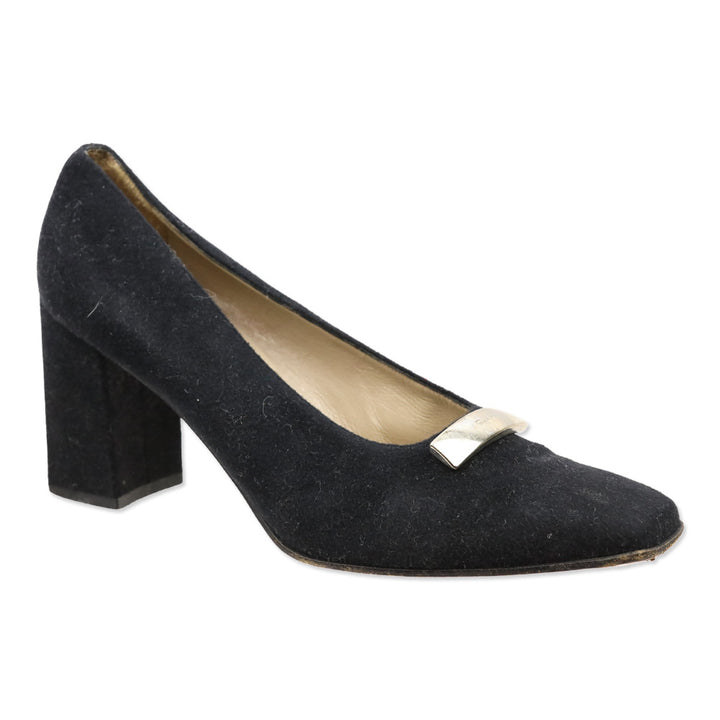 Salvatore Ferragamo Black Felt Silver Bar Accents Pumps