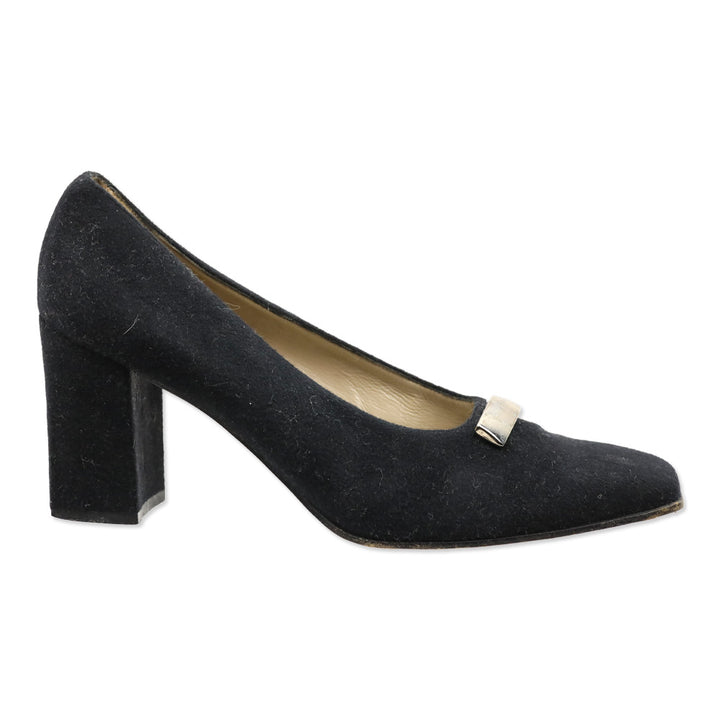 Salvatore Ferragamo Black Felt Silver Bar Accents Pumps
