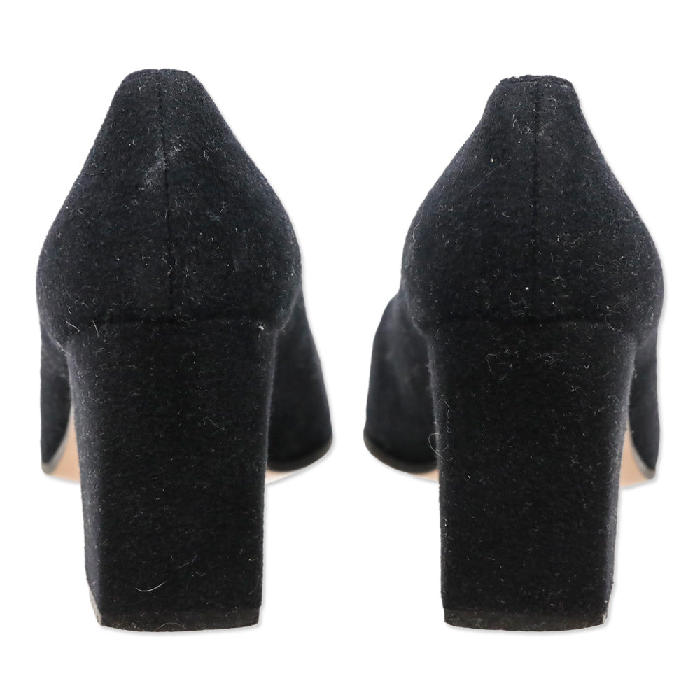 Salvatore Ferragamo Black Felt Silver Bar Accents Pumps