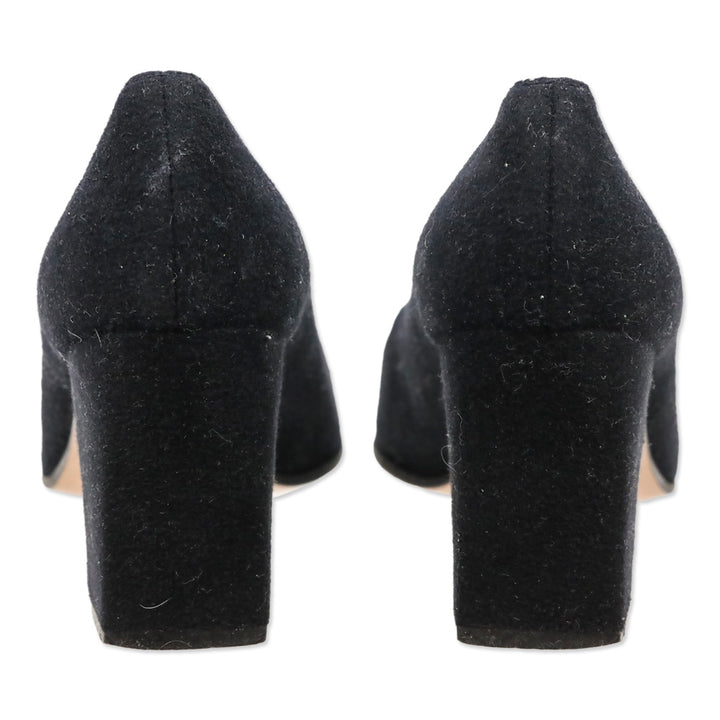 Salvatore Ferragamo Black Felt Silver Bar Accents Pumps