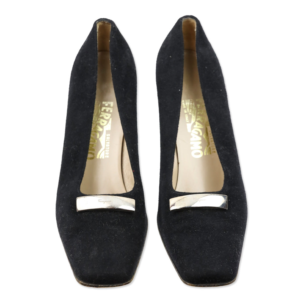 Salvatore Ferragamo Black Felt Silver Bar Accents Pumps