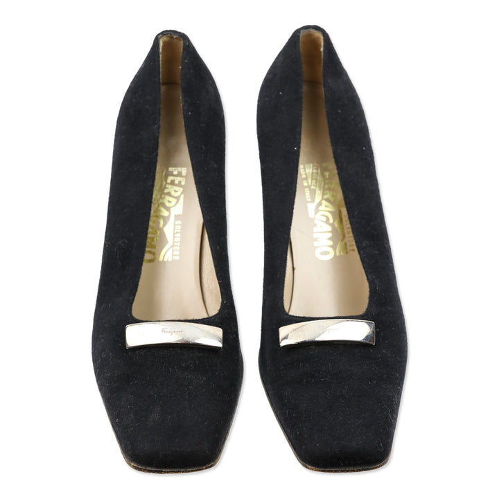 Salvatore Ferragamo Black Felt Silver Bar Accents Pumps