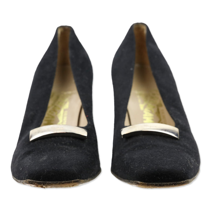 Salvatore Ferragamo Black Felt Silver Bar Accents Pumps