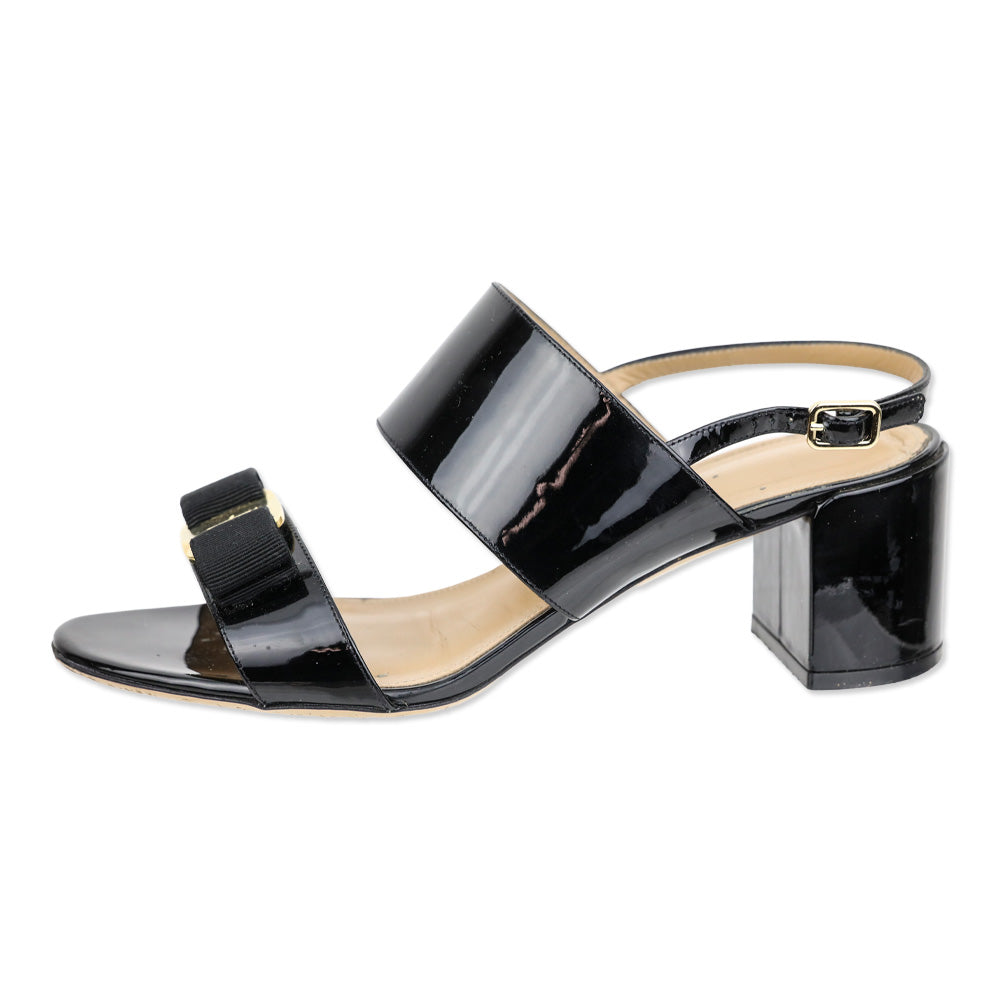 Salvatore Ferragamo Black Giulia Patent Leather Vara Bow Sandal