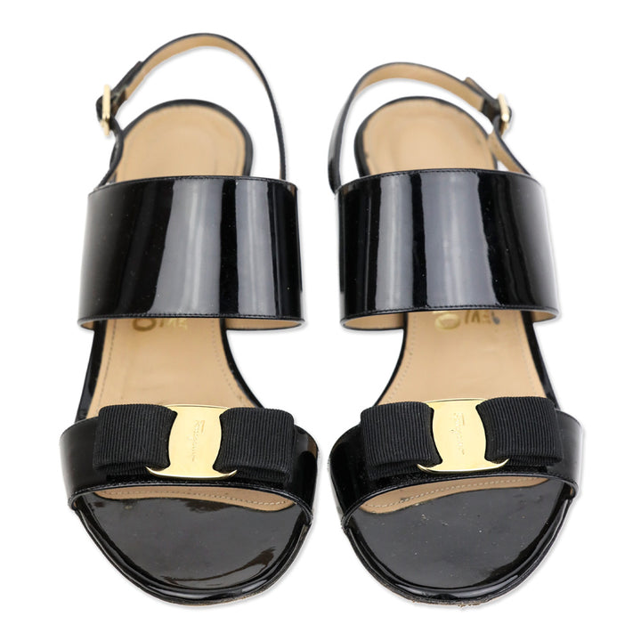 Salvatore Ferragamo Black Giulia Patent Leather Vara Bow Sandal