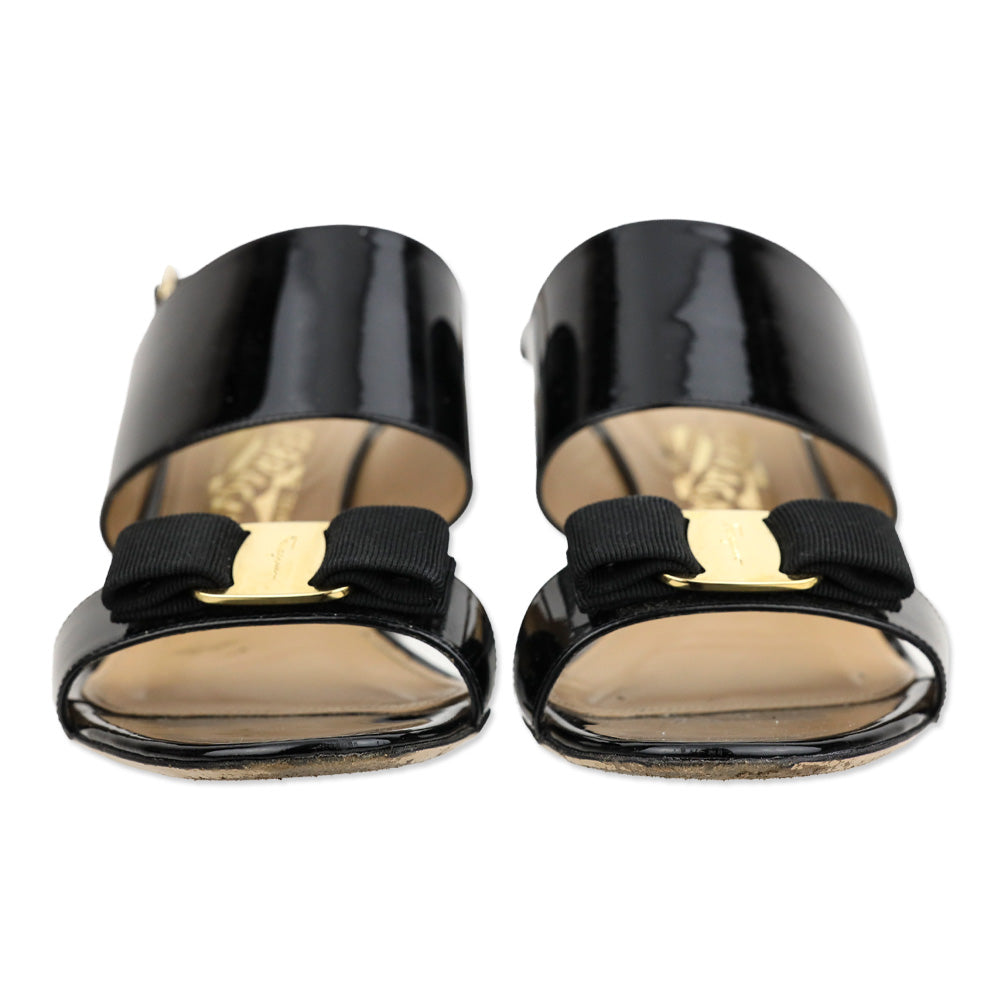 Salvatore Ferragamo Black Giulia Patent Leather Vara Bow Sandal