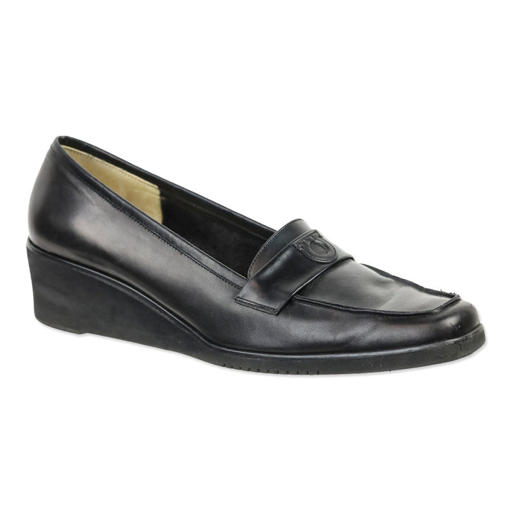 Salvatore Ferragamo Black Leather Gancini Accent Wedge Loafer