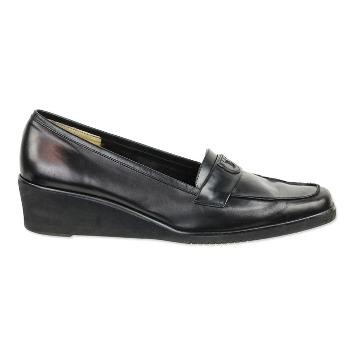 Salvatore Ferragamo Black Leather Gancini Accent Wedge Loafer