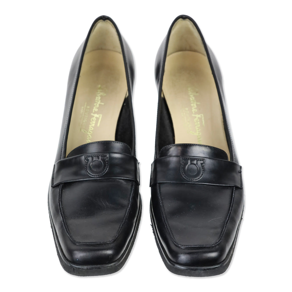 Salvatore Ferragamo Black Leather Gancini Accent Wedge Loafer