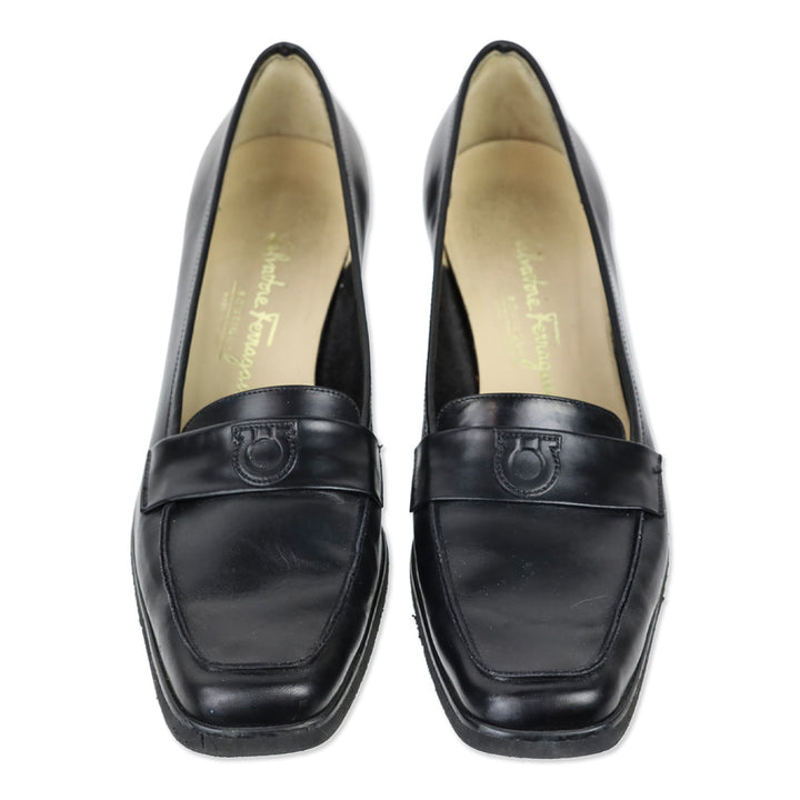 Salvatore Ferragamo Black Leather Gancini Accent Wedge Loafer