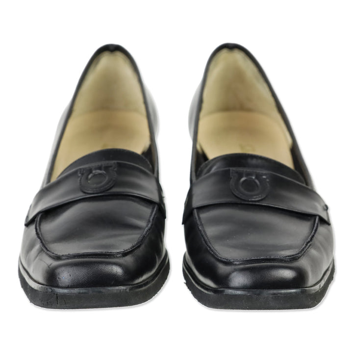 Salvatore Ferragamo Black Leather Gancini Accent Wedge Loafer
