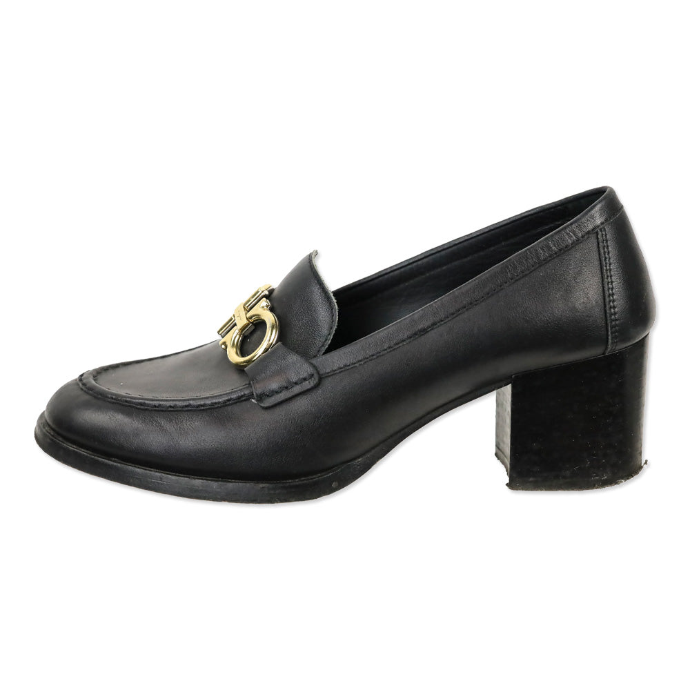Salvatore Ferragamo Black Leather Gancini Buckle Chunky Heel Loafers
