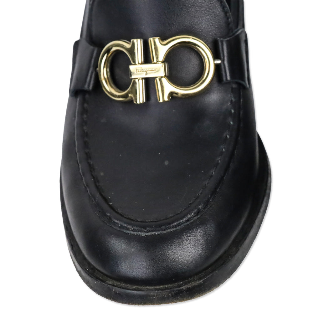 Salvatore Ferragamo Black Leather Gancini Buckle Chunky Heel Loafers
