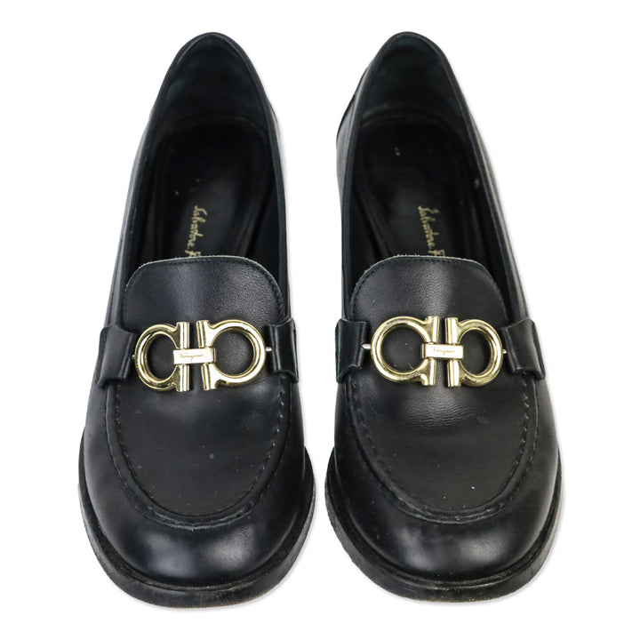 Salvatore Ferragamo Black Leather Gancini Buckle Chunky Heel Loafers