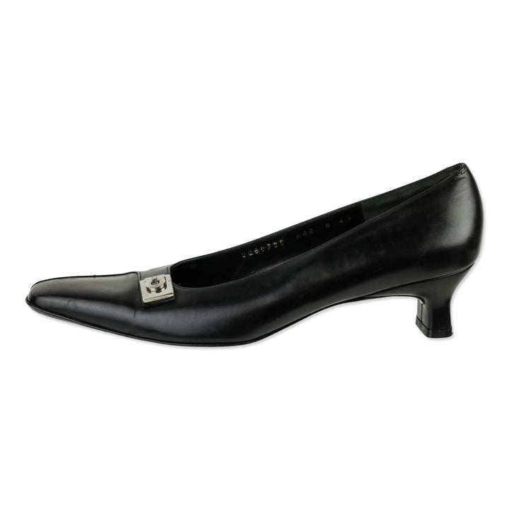 Salvatore Ferragamo Black Leather Gancini Strap Block Kitten Pump