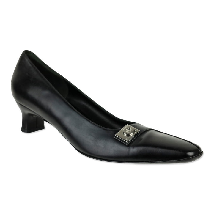 Salvatore Ferragamo Black Leather Gancini Strap Block Kitten Pump