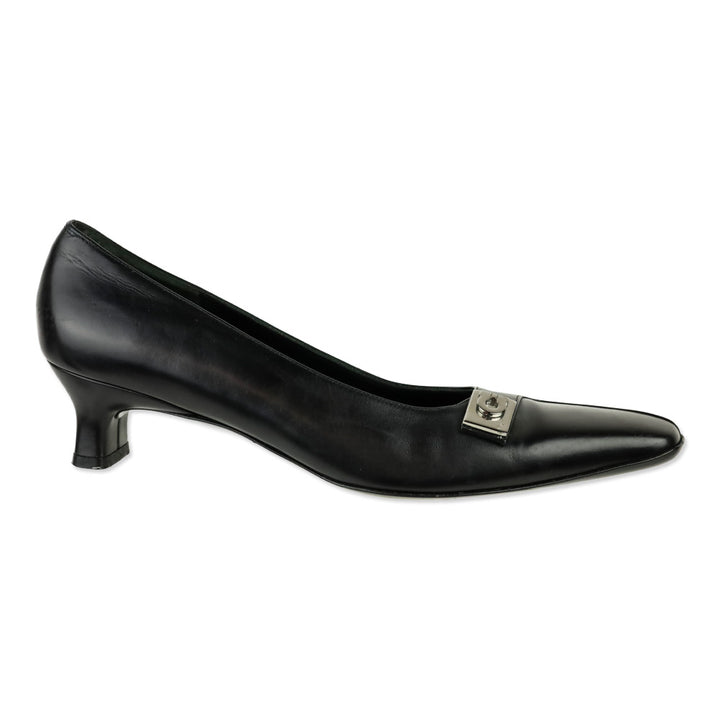 Salvatore Ferragamo Black Leather Gancini Strap Block Kitten Pump