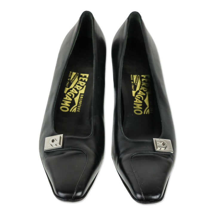 Salvatore Ferragamo Black Leather Gancini Strap Block Kitten Pump
