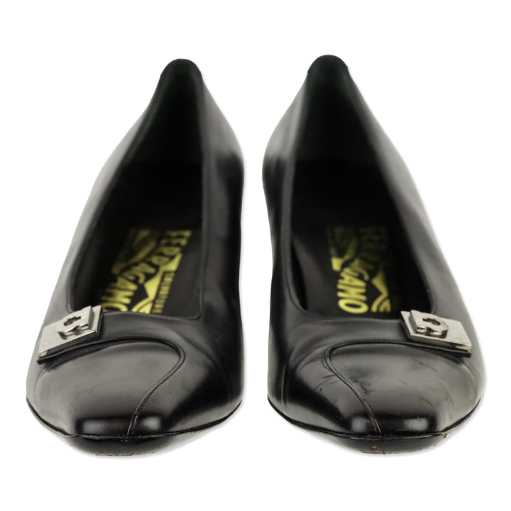 Salvatore Ferragamo Black Leather Gancini Strap Block Kitten Pump